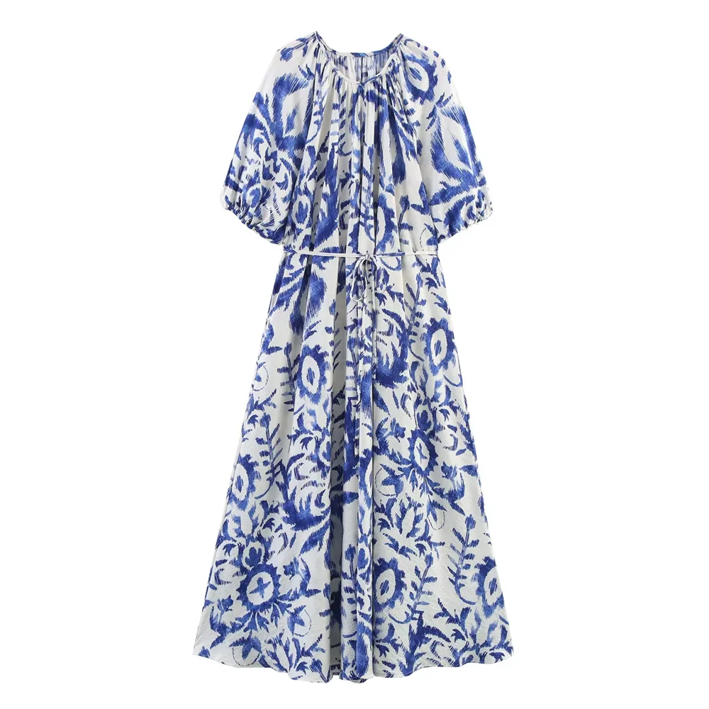 BM&MD&ZA2025Plant Flower Round Neck Dress Loose Long Skirt Holiday Style Beach Skirt Summer Women's Wear Aviola