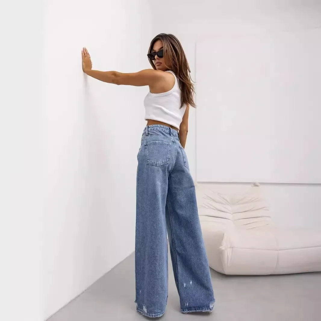 Women Denim Holes Jeans Washing Pencil Pants High Waist Zipper Mom Fly Slim Wide Leg Pockets Full Length Spring 2025 Streetwear Aviola