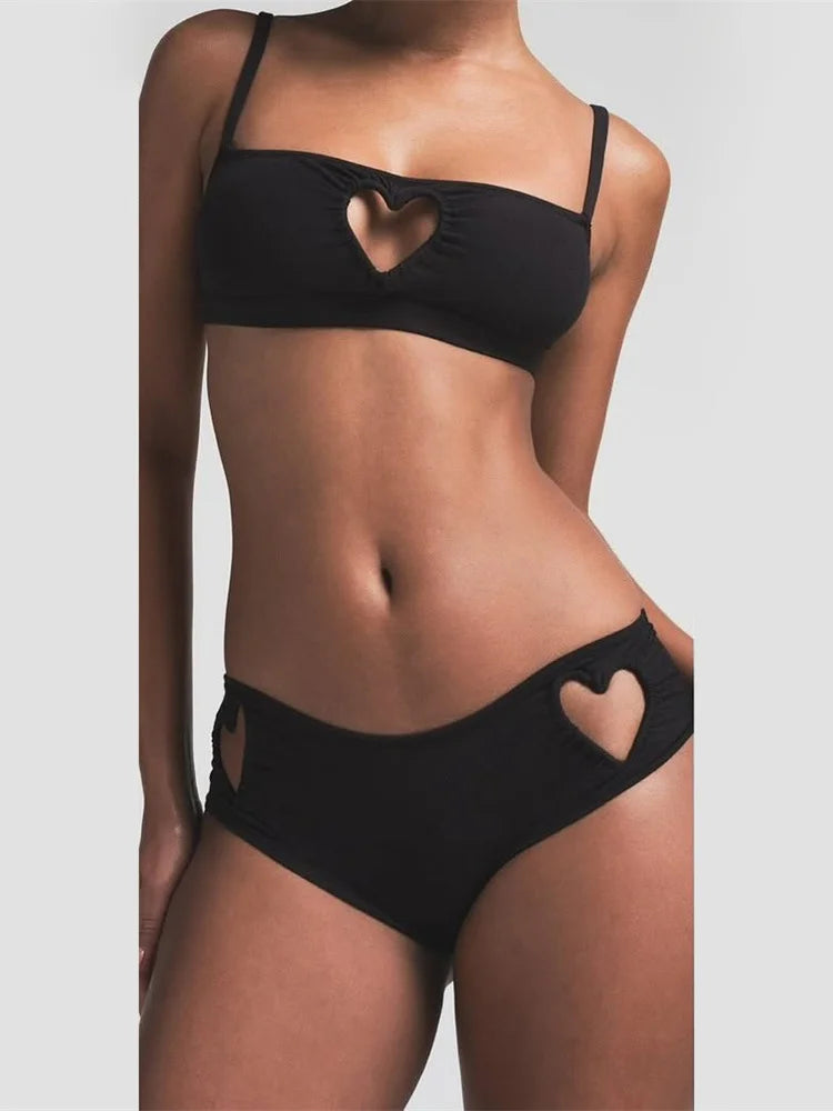 Nibber Sexy Heart Hollow 2 Piece Set Women Simple Vacation Camisole+Panties Beach Style Matching Stretch Street Comfortable Suit Aviola