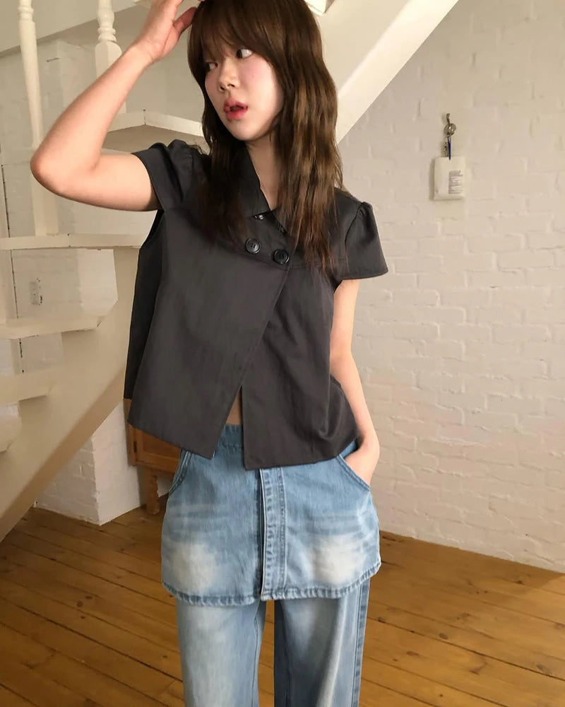 MEXZT Vintage Black Shirts Women Japanese Harajuku White Cropped Puff Short Sleeve Blouses Summer Korean Casual Design Tops New Aviola
