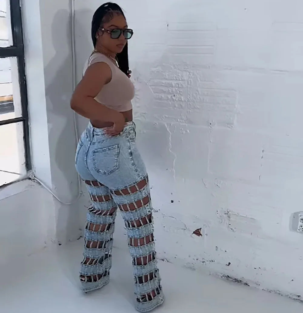 Denim Pant Women Jeans Long Pants Hollow Out High Waist Straight Mom Trousers Y2k Streetwear Elegant Splice Hole Casual Work Aviola