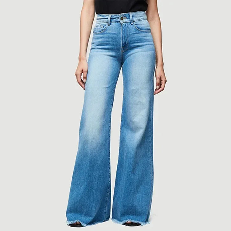 Women Washed Jeans Flare Pants Denim Mid Waist Vintage Denims Pockets Button Basics Full Length Solid Color Casual Trousers Aviola