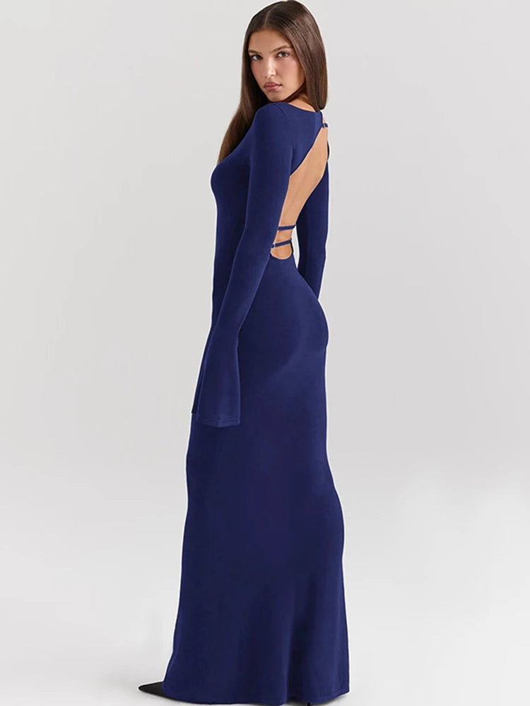 Nibber Elegant Backless Hollow Women Dress Irregular Autumn o-Neck Flare Sleeve Skinny Stretch Robe Casual Simple Long Bodycon Aviola