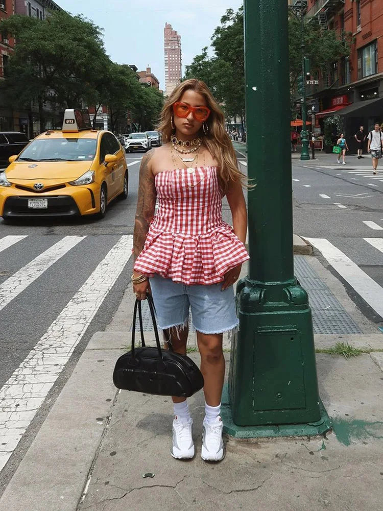 Nibber Red And White Checkered Print Chest Wrap Pleated Fluffy Hem Sleeveless Backless Vacation Versatile Beach Party Trend Tops Aviola