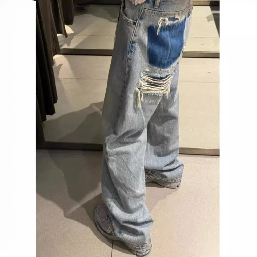 Ripped Jeans for Women Hole Pants Streetwear Low Waist Washed Distressed Pockets Denims 2025 Mom Jeans Vintage Straight Trousers Aviola