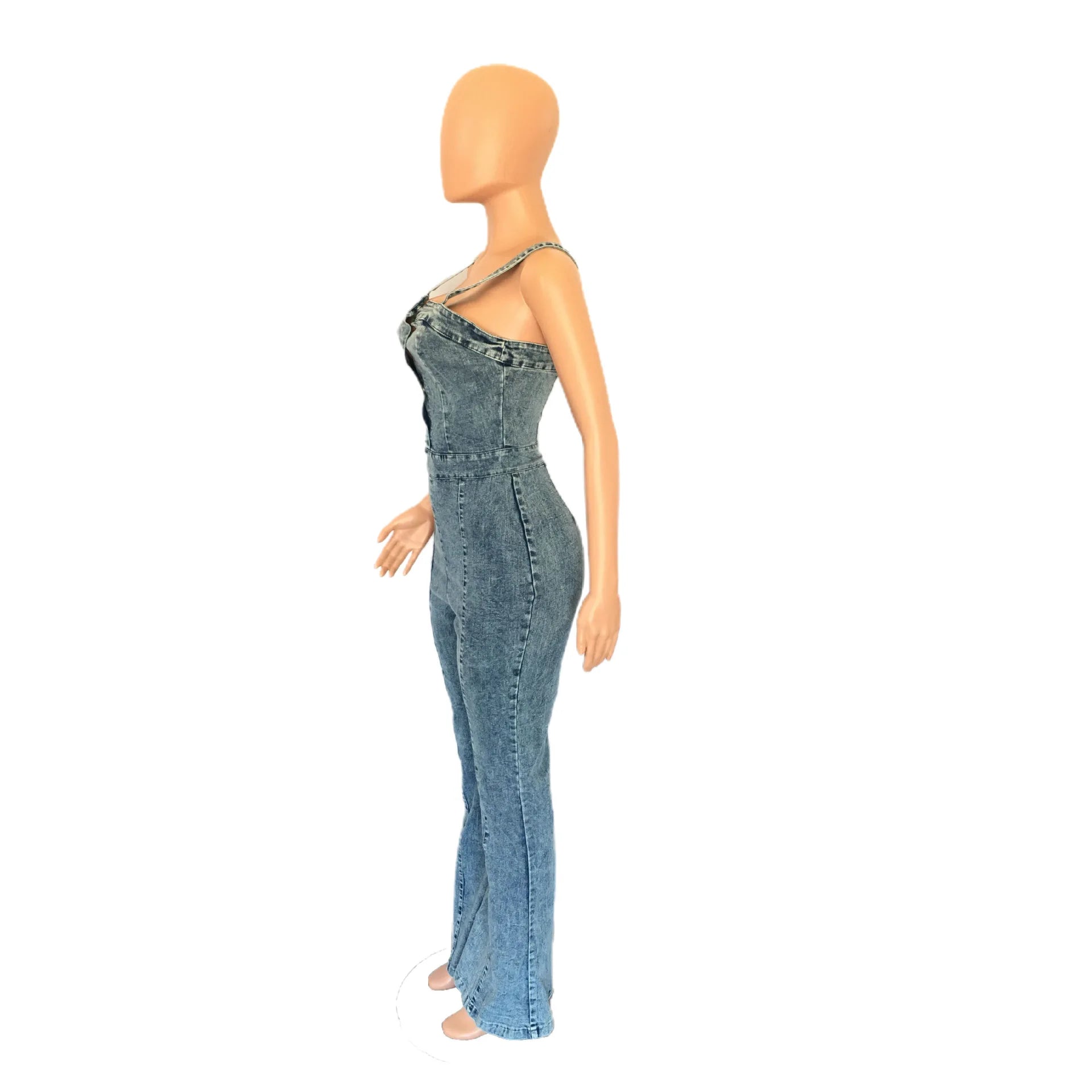 Women Jeans Rompers Sexy Overalls Jumpsuits Square Collar One Piece Solid Flare Pants Ankle Length Baics Spliced Button Aviola