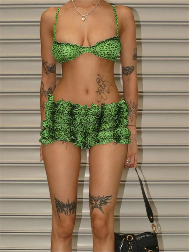 nibber Sexy Leopard Print Women 2 Piece Set Y2K See Through Summer Ruffles Camisole+Shorts Vacation Matching Clubwear Outfits Aviola