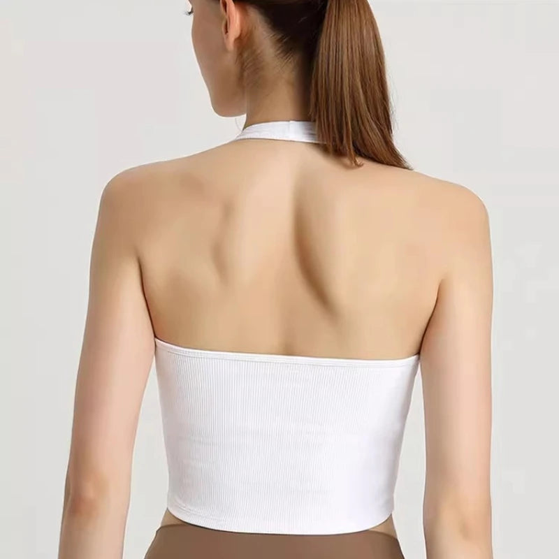 2023 Summer Sexy Sports Bra Rib Sport Top Underwear Women's Running Gathered Bra Hanging Neck Fitness Vest Fixed Padded Yoga Bra Aviola