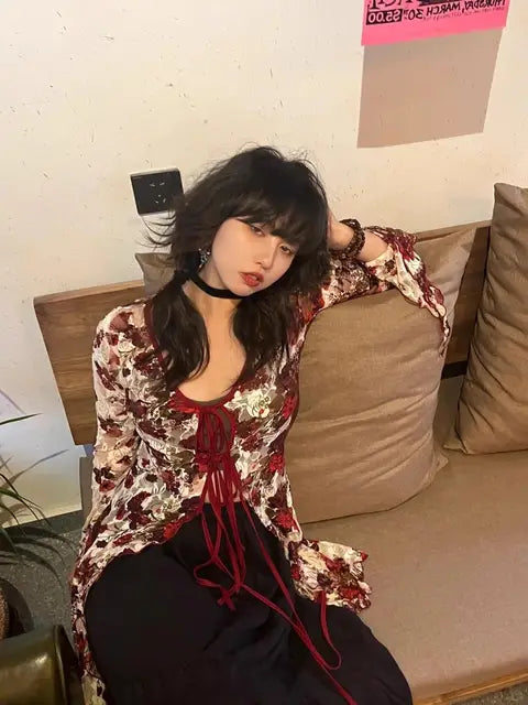 MEXZT Vintage Floral Shirts Women Y2K Aesthetic Lace Bandage Blouses Summer Harajuku V Neck Print Flare Long Sleeve Slim Tops Aviola