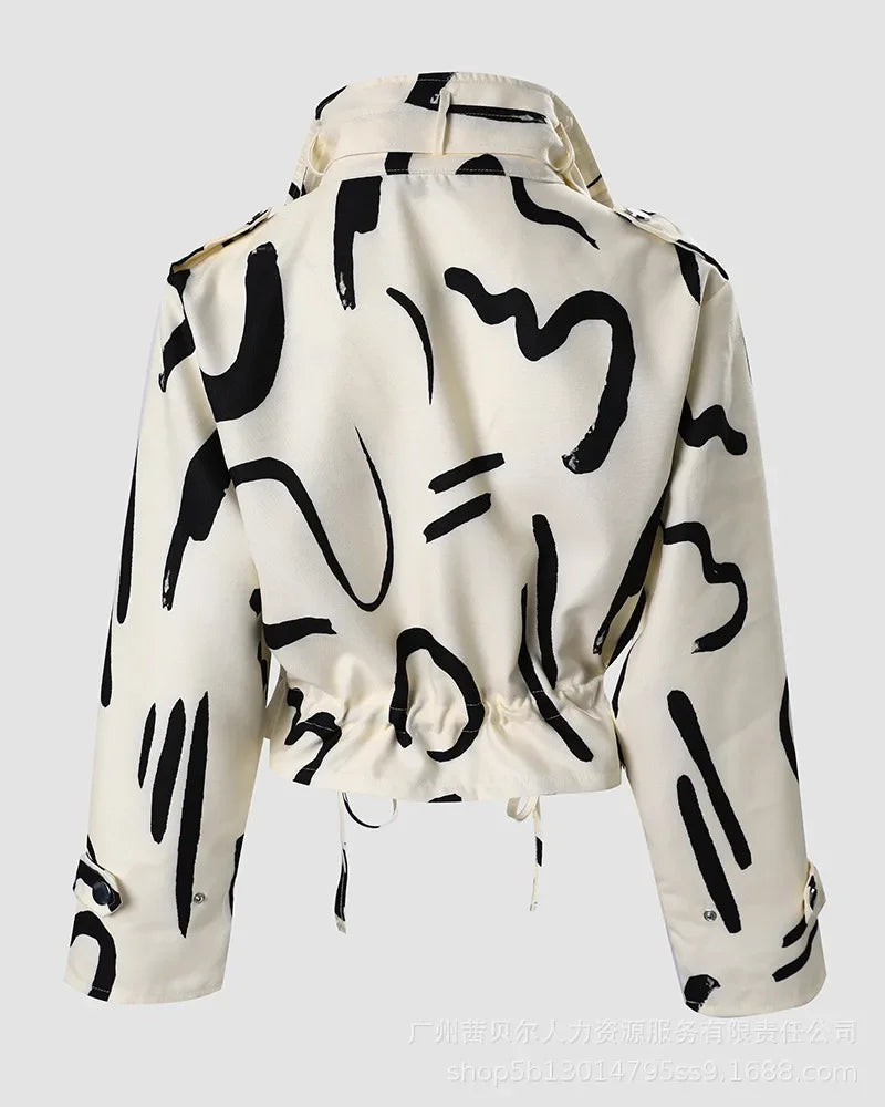 2023 Autumn Women Geometric Jackets Tops Vintage Print Long Sleeve Button Jacket Coat Ladies Leisure Outerwear Short Tops Aviola