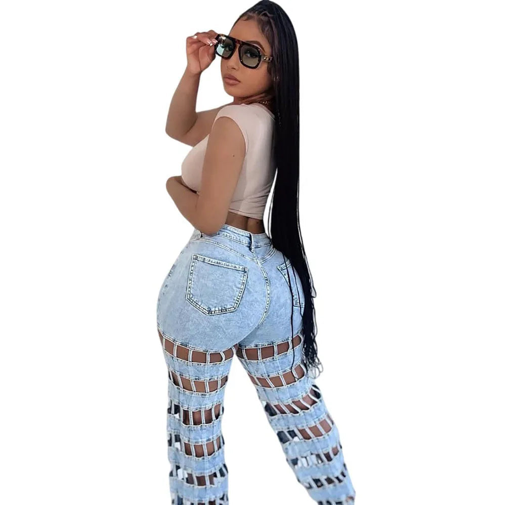 Denim Pant Women Jeans Long Pants Hollow Out High Waist Straight Mom Trousers Y2k Streetwear Elegant Splice Hole Casual Work Aviola
