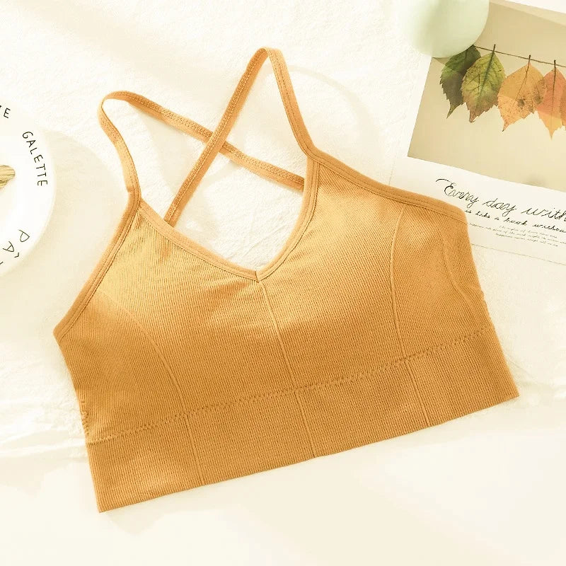 Seamless Bras For Women Crop Top Female Cross Straps Tank Top Push Up Bra With Removable Pads Summer Padded Camisole Aviola