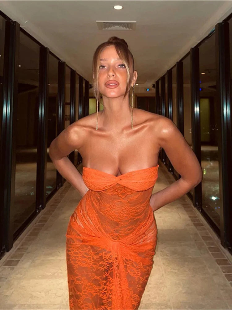 Nibber Lace See-Through Sexy Woman Long Wrap Sleeveless Dress Coquette Ruffles Nightclub Party High Stretch Charming Vestidos Aviola