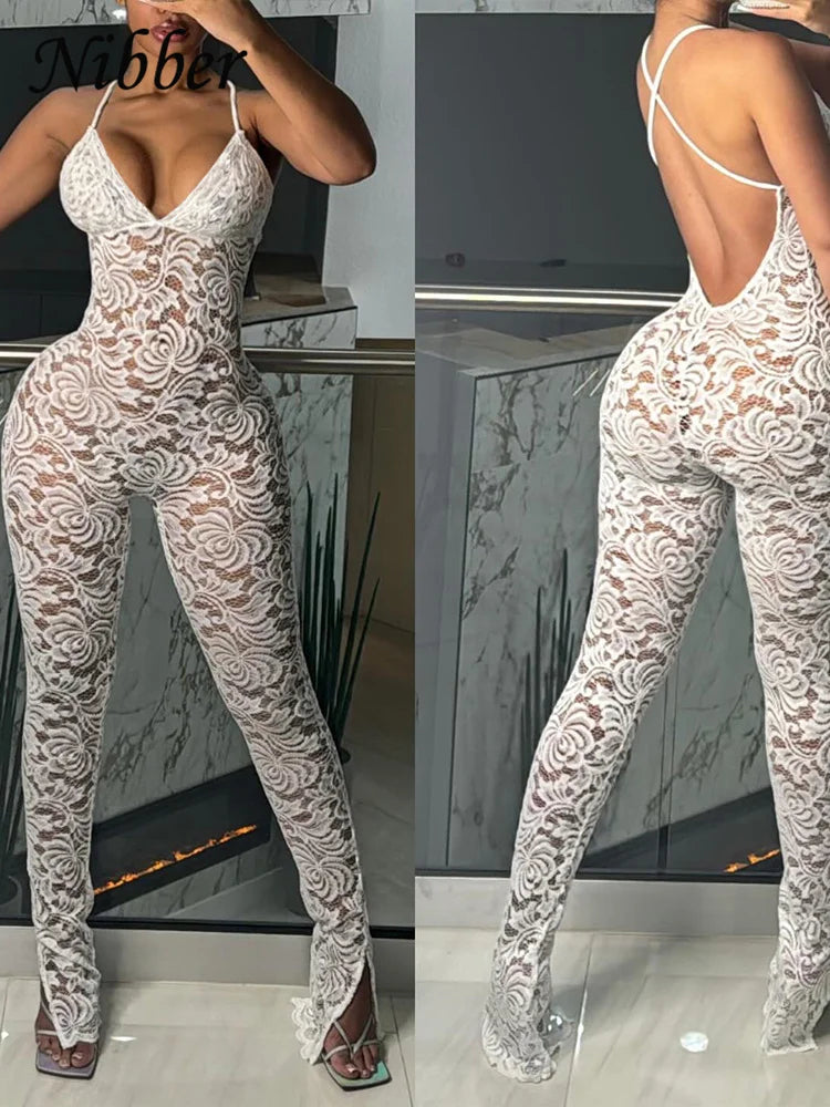 Nibber Summer 2024 Lace Jumpsuit Women Elegant Sexy Cross Backless Deep v-Neck Sleeveless Skinny Stretch Midnight Club Overalls Aviola