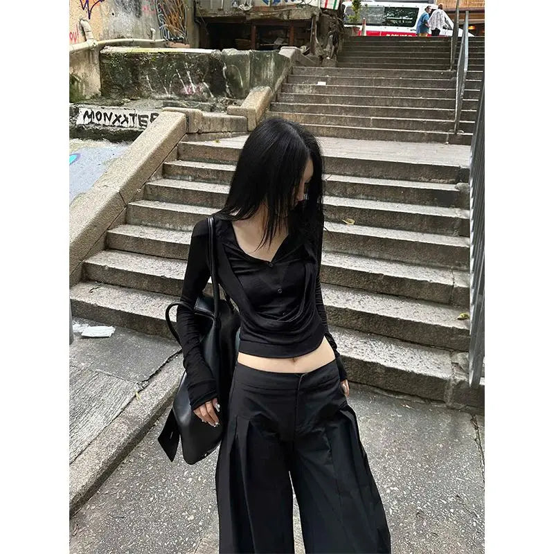 MEXZT Y2K Coquette Black T Shirts Women Sexy Cropped V Neck Sheer Tops Gyaru Aesthetic Korean Fake Two Piece Long Sleeve Tees Aviola