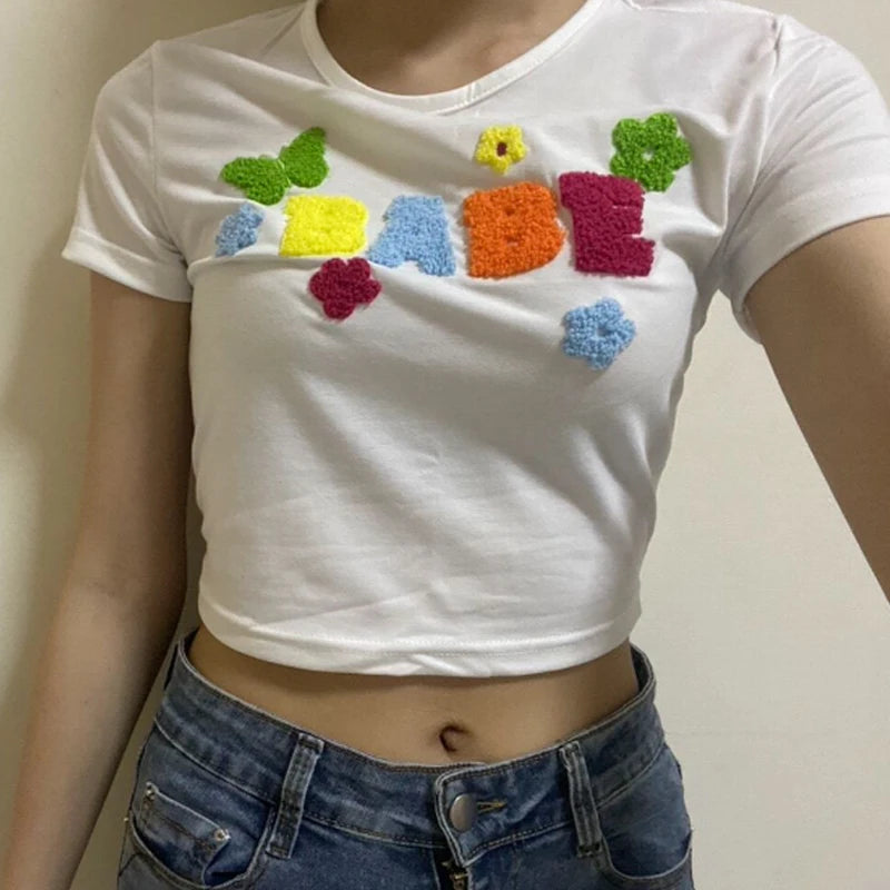 2024 Europe and the United States summer new letter embroidery print slim short casual round neck short-sleeved T-shirt crop top Aviola