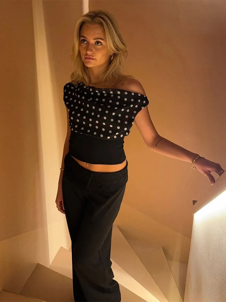 Nibber Daily Skew Collar Off Shoulder T-Shirt Women Polka Dots Print Summer Trend Backless Street Fashion Trend Ruched Crop Tops Aviola