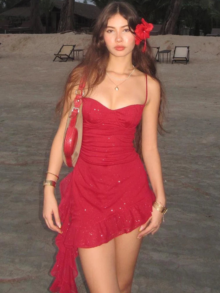 Nibber Sexy Tassel Double Deck Dress Women Sequins Solid Ruffles Spaghetti Strap Slim Sleeveless Lace Beach Vacation Bodycon Aviola