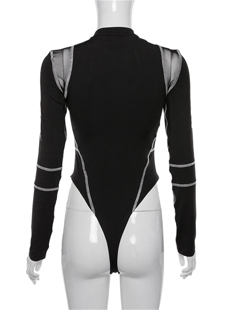Nibber Mesh Patchwork Letter Print Bodysuits Women Full Sleeve Turtleneck Biker New Fashion Female Top Street Casual Rompers Aviola