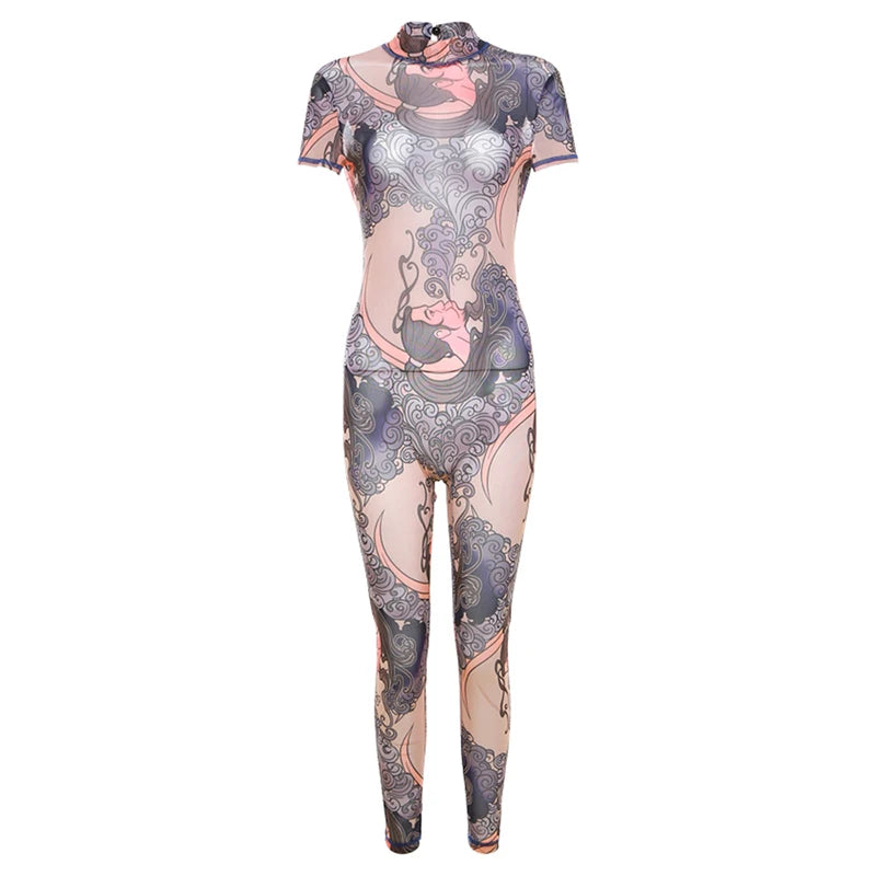 NIBBER Summer Women Round Neck Fashion Printing Short Sleeve Jumpsuit Body Shaper Jumpsuit Street Casual Spice Girl Clothing Aviola
