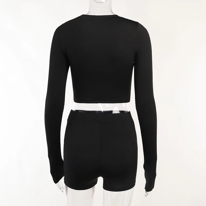 Round Neck Long Short sleeved 3/4 Shorts Two piece Women's Fashion Sports Versatile Set Aviola