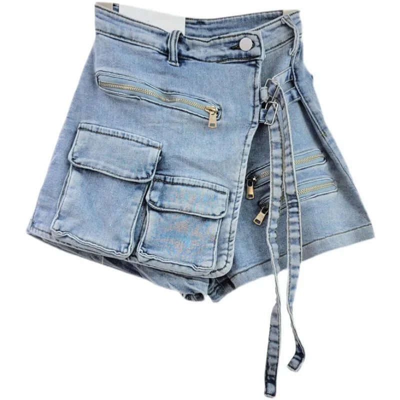 Denim Skirt Women Jeans Culottes Cargo Shorts Irregular Washed High Waist Multiple Y2k Punk Streetwear Short Pants Summer 2025 Aviola