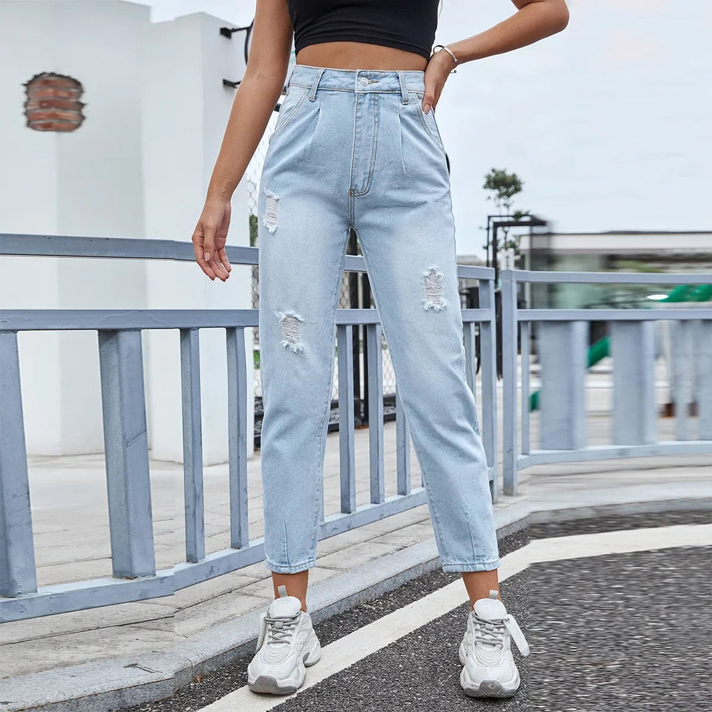 Distressed Women Jean Straight Pants High Waist Ankle Length Jeans Ripped Loose Fit Basics Washed Denim Pants Hole Autumn Aviola