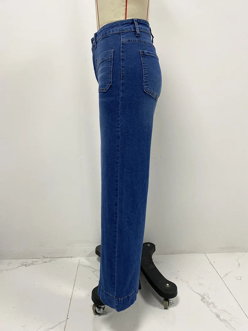 Wide Leg Pants Women Jeans Denim Long Pants Straight Trousers Vintage Button Pocket Blue Simple Loose Y2k High Waist Streetwear Aviola