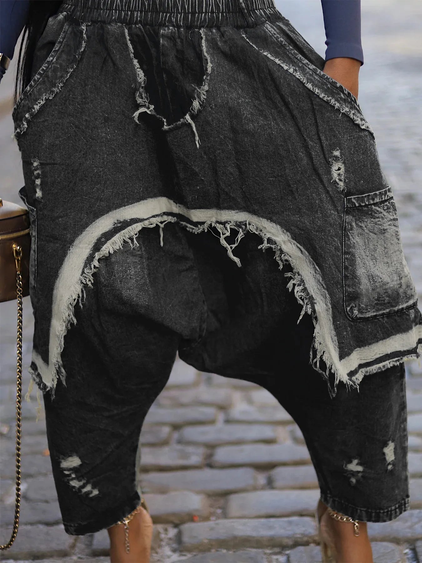 Jeans Women Harem Pants Hole Elastic Waist Tassels Washed Denim Pants Punk Y2k Streetwear 2025 Ripped Ankle Length Trousers Aviola