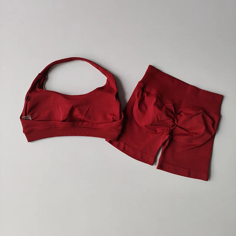2 Pieces Yoga Suit for Women Seamless Fitness Gym Clothes Halter Sports Bra Matching Impact Shorts Workout Sets Gym Outfit Aviola