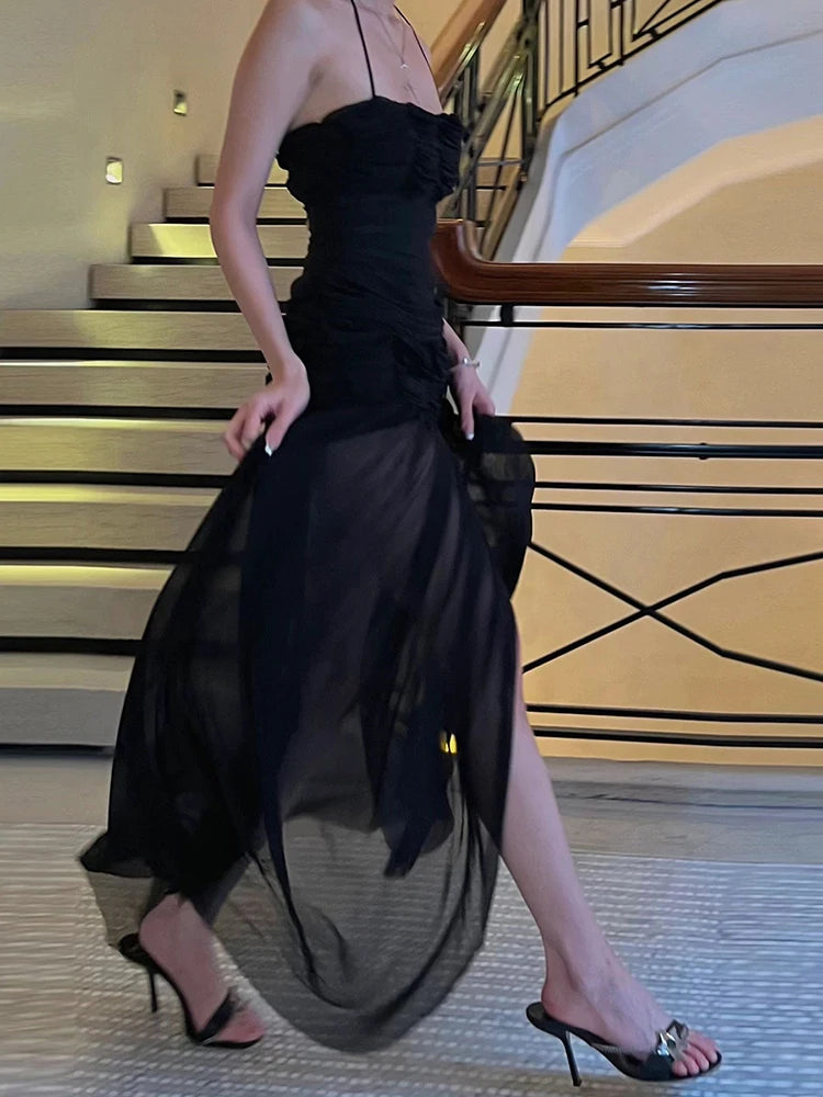 Nibber Patchwork Mesh Maxi Dress Women High Slits Folds Halter Bandage Backless Sleeveless Elegant Temperament Banquet Vestidos Aviola