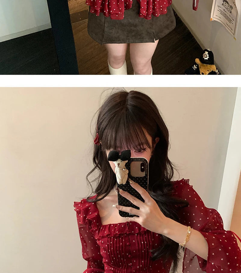 MEXZT Vintage Polka Dots Shirts Women Elegant Red Ruffles Lace Up Blouses Summer Korean Square Collar Long Sleeve Design Tops Aviola