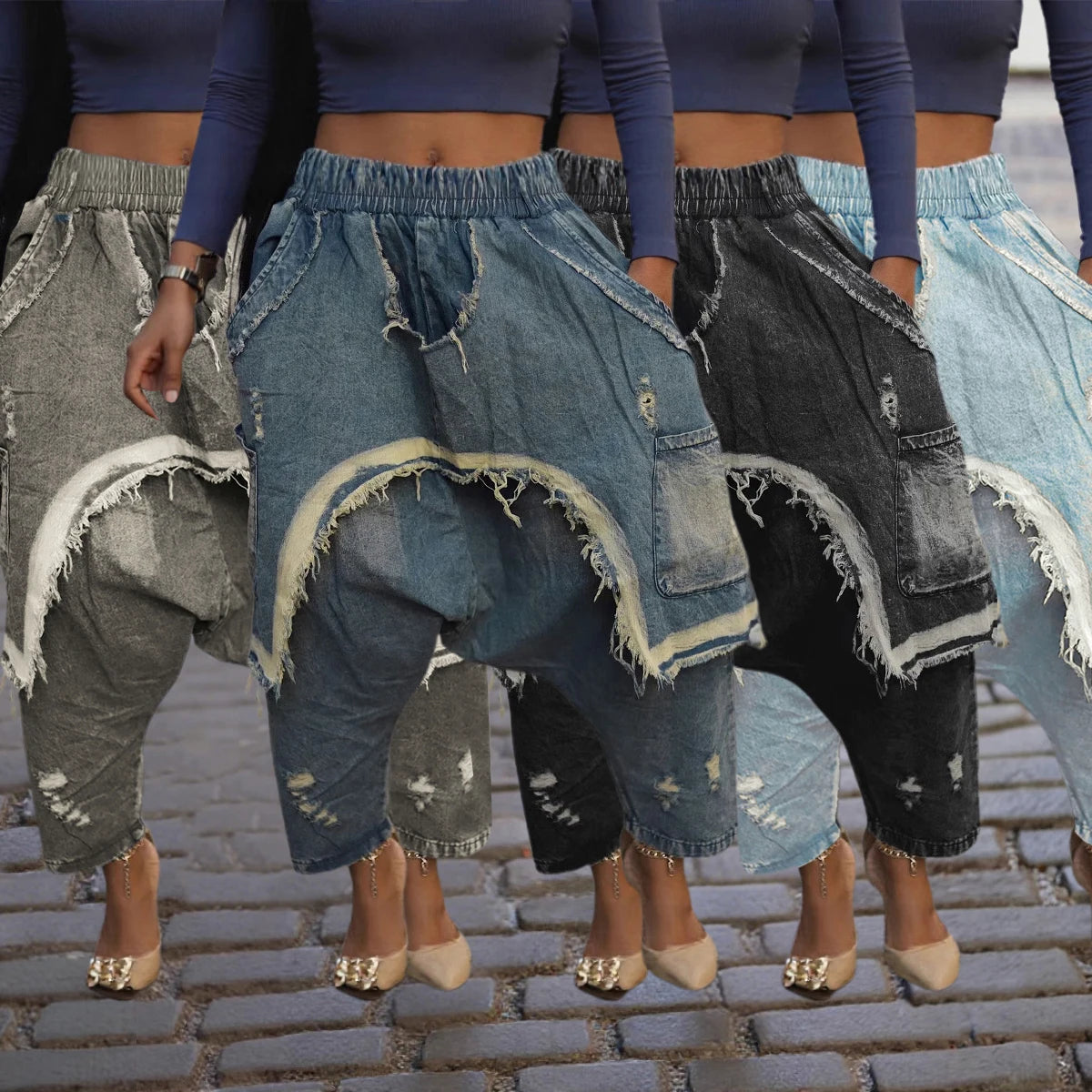 Jeans Women Harem Pants Hole Elastic Waist Tassels Washed Denim Pants Punk Y2k Streetwear 2025 Ripped Ankle Length Trousers Aviola