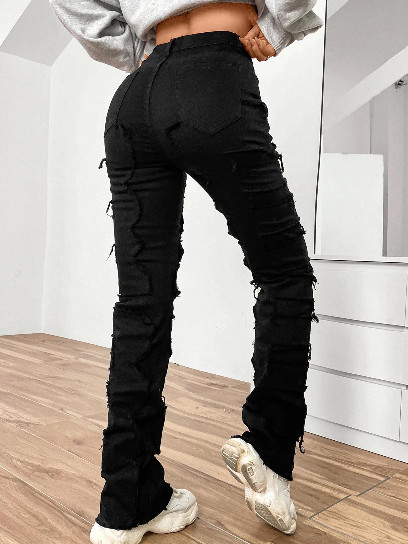 Women Jeans Denim Straight Pants Spliced Patchwork High Street Slim Fit Pockets Mid Waist Washing Zipper Slight Srech 2024 Aviola