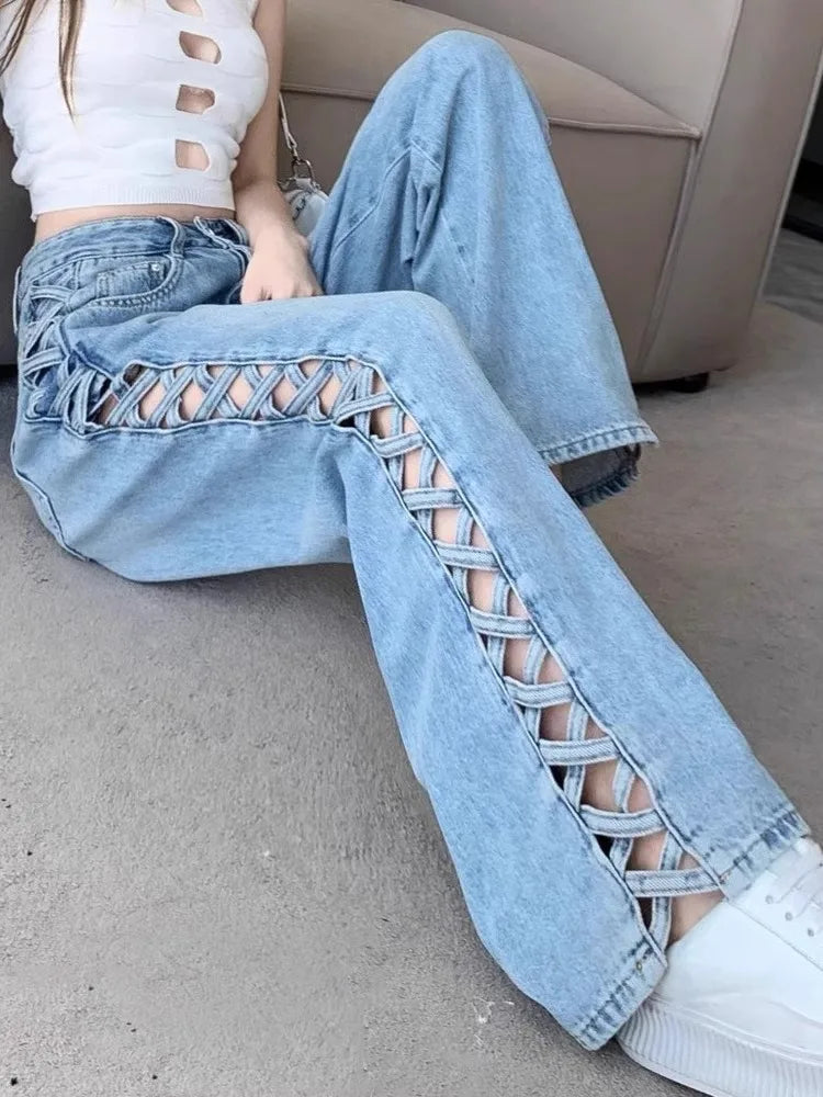 Women Casual Mom Jeans Hollow Out High Waist Trousers Button Zipper Wide Leg Pant Office Lady Loose Spring Club Y2k Streetwear Aviola