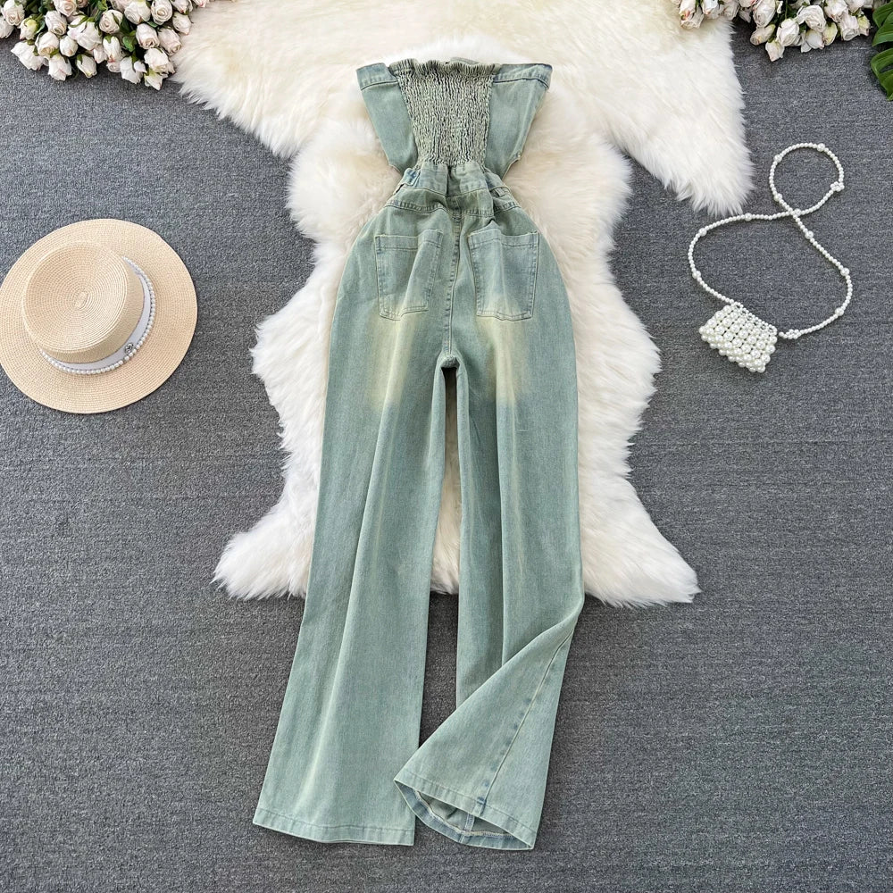 Denim Jumpsuits Women Hole One Piece Wide Leg Pants Sleeveless Strapless Distressed Mom Pockets Jeans Streetwear Summer 2025 Aviola