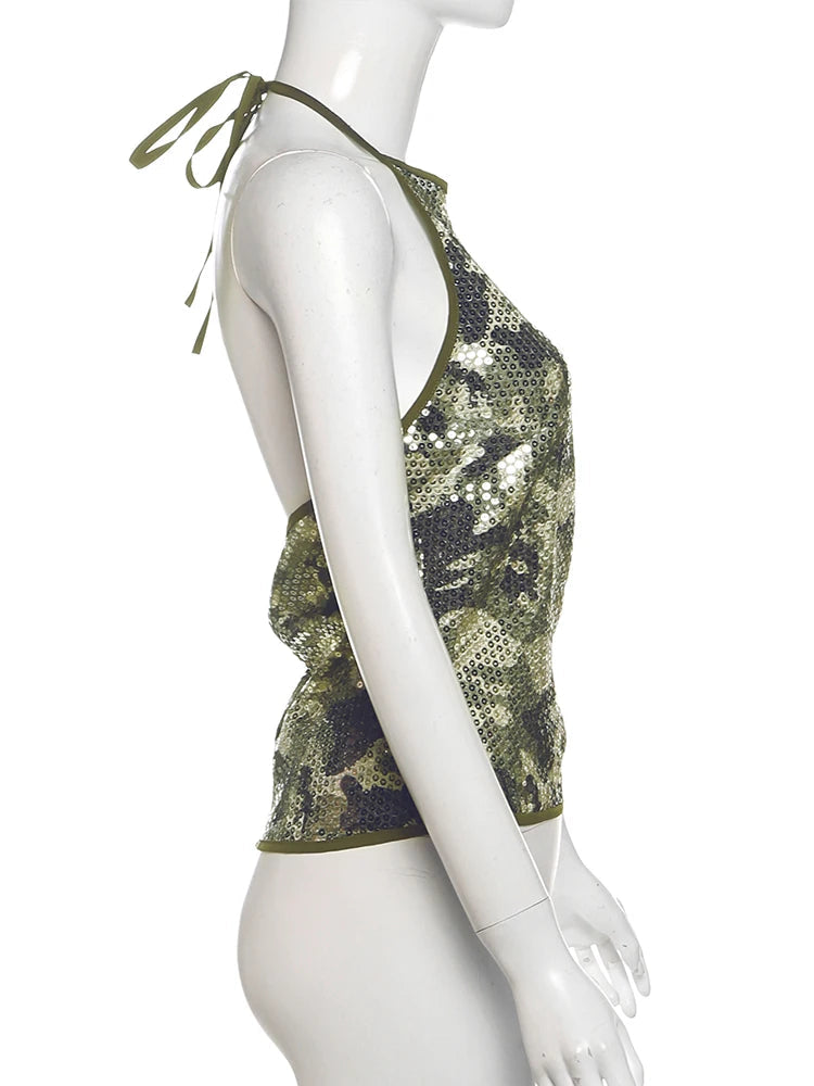 Nibber Camouflage Print Sequins Camisole Women Halter Lace-Up Backless Sleeveless Sexy Street Midnight Daily Summer Trend Tops Aviola