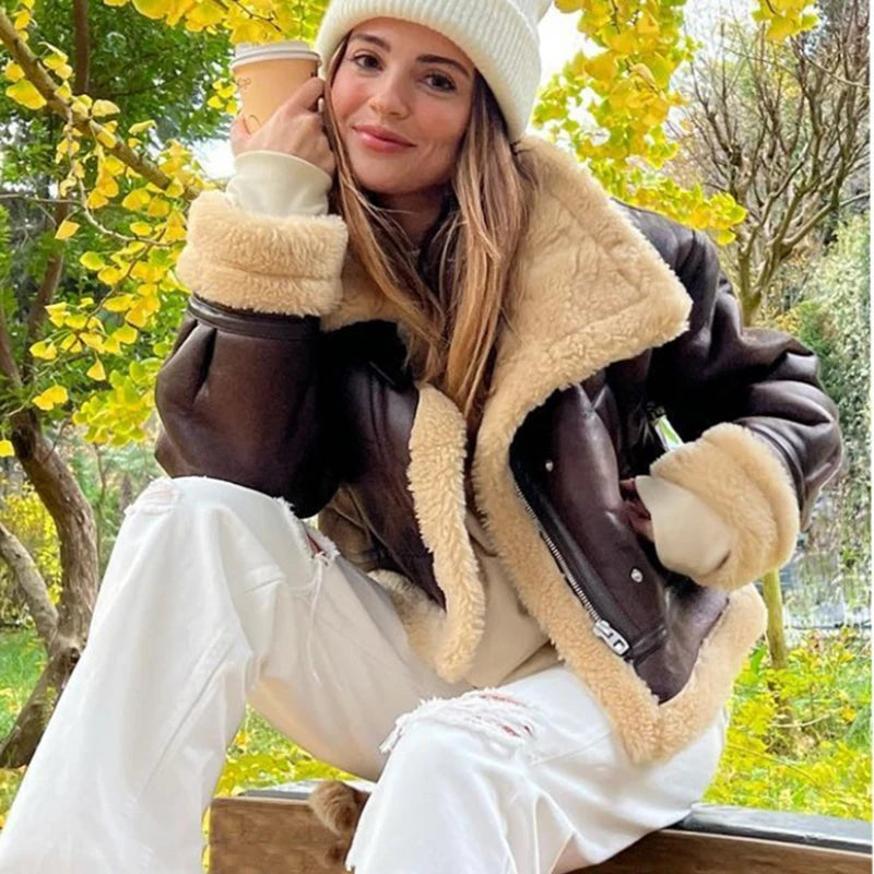 RARF 2025 New Autumn Winter Women Faux Lamb Fur Short Jacket Vintage Female Moto Biker Zipper Thick Warm Coat Fleece Outwear Aviola