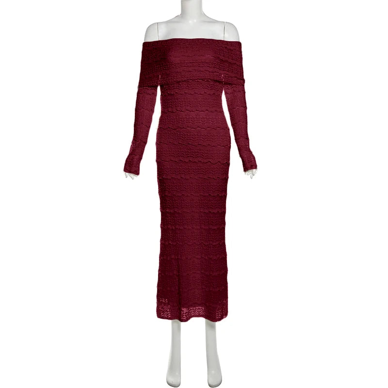 Nibber See Through Vacation Dress Women Jacquard Lapel Slash Neck Backless Full Sleeve Beach Party Elegant Chic Long Bodycon Aviola