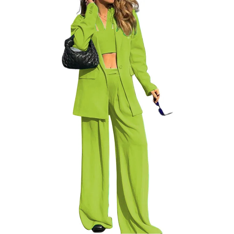 Women Tracksuit Three Pieces Set Turn Down Collar Cardigan Single Button Solid Outerwear Pockets Wide Leg Pants Office Lady Aviola