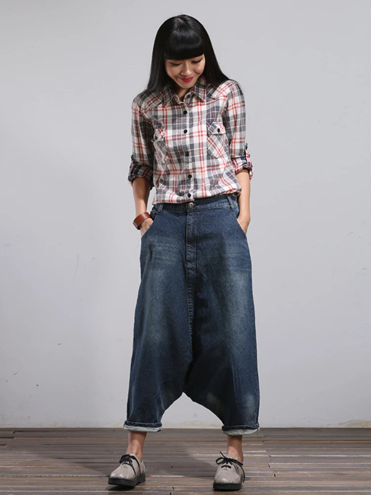 Harem Denim Pants Women Vintage Jeans Spliced Pockets Streetwear Loose Jean Washed Zipper Fly Distressed Ankle Length 2024 Aviola