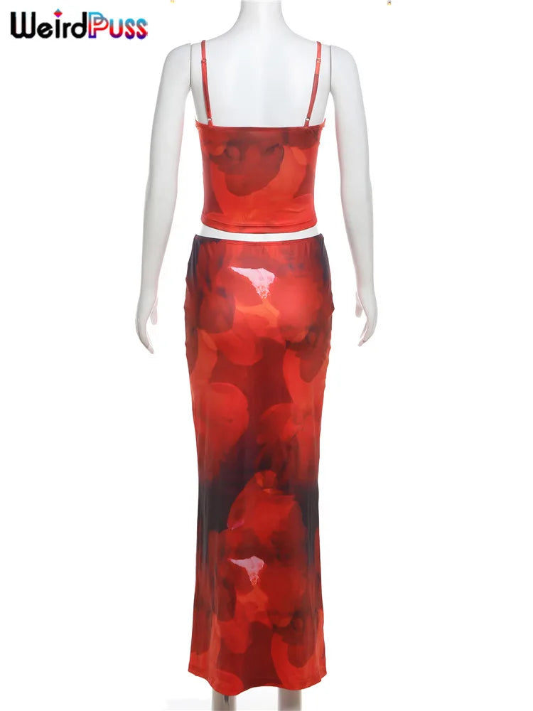 nibber Tie-Dye Print 2 Piece Set Women Summer Y2K Fashion Hipster Elegant V-Neck Camisole+Maxi Skirts Matching Streetwear outfit Aviola