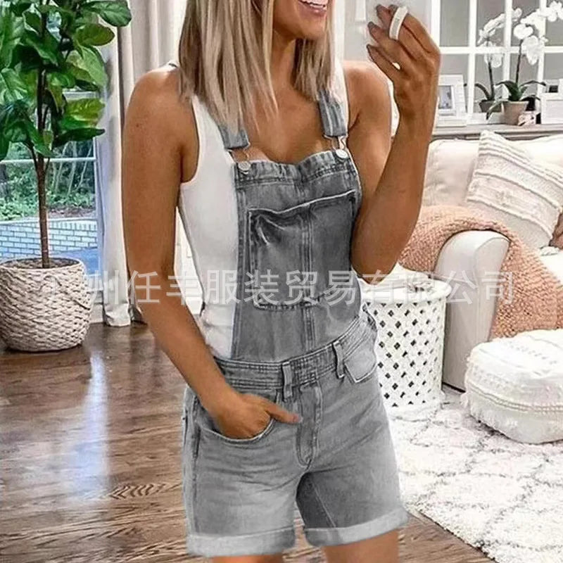 Women Rompers Jeans Jumpsuits One Piece Overalls Washing Denim Shorts Button Loose Casual Pockets Knee Length 2024 Summer Aviola