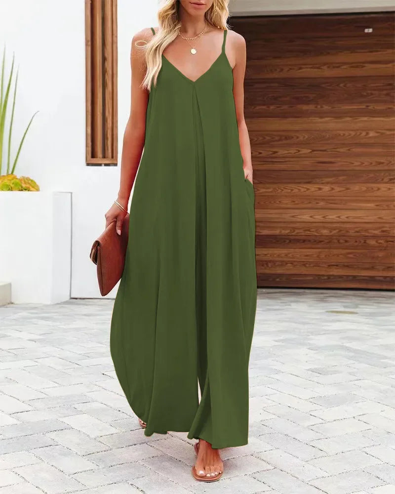 Women Jumpsuits V Neck One Piece Ankle Length Wide Leg Pants Rompers Backless Overalls Solid Pockets Loose Casual Mid Waist Aviola