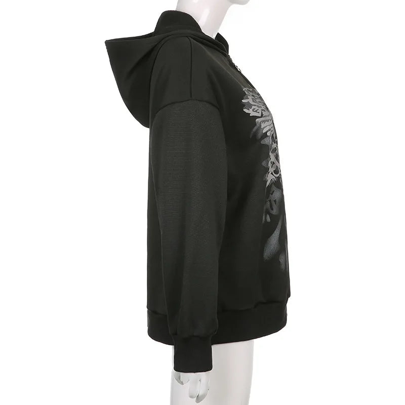 Dark personality printed hoodie female American 2024 new black hooded zipper coat loose casual top Aviola