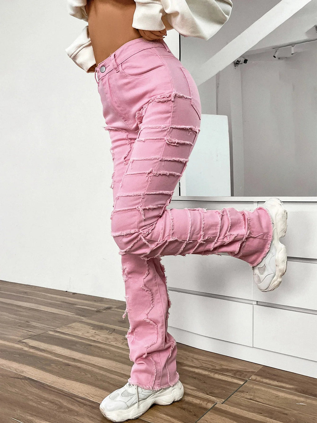 Women Jeans Denim Straight Pants Spliced Patchwork High Street Slim Fit Pockets Mid Waist Washing Zipper Slight Srech 2024 Aviola