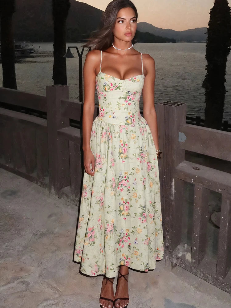 Nibber Backless Flower Print Dress Women Summer Trend Square Collar Sleeveless Sweet Style Vacation Beach Party Long Bodycon Aviola