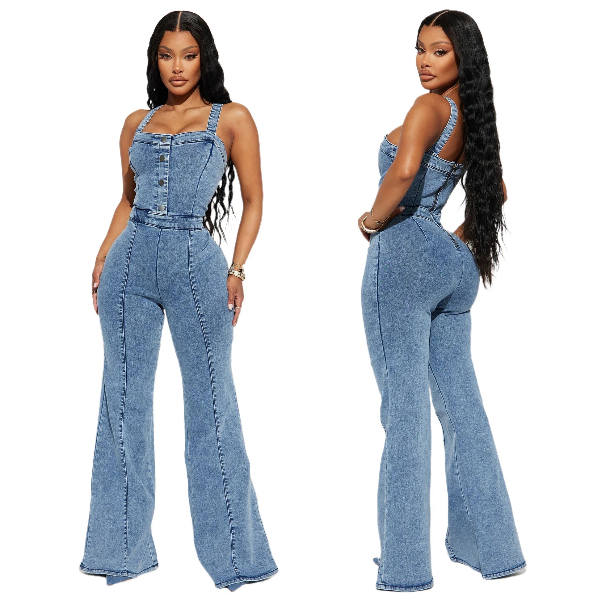 Women Jeans Rompers Sexy Overalls Jumpsuits Square Collar One Piece Solid Flare Pants Ankle Length Baics Spliced Button Aviola