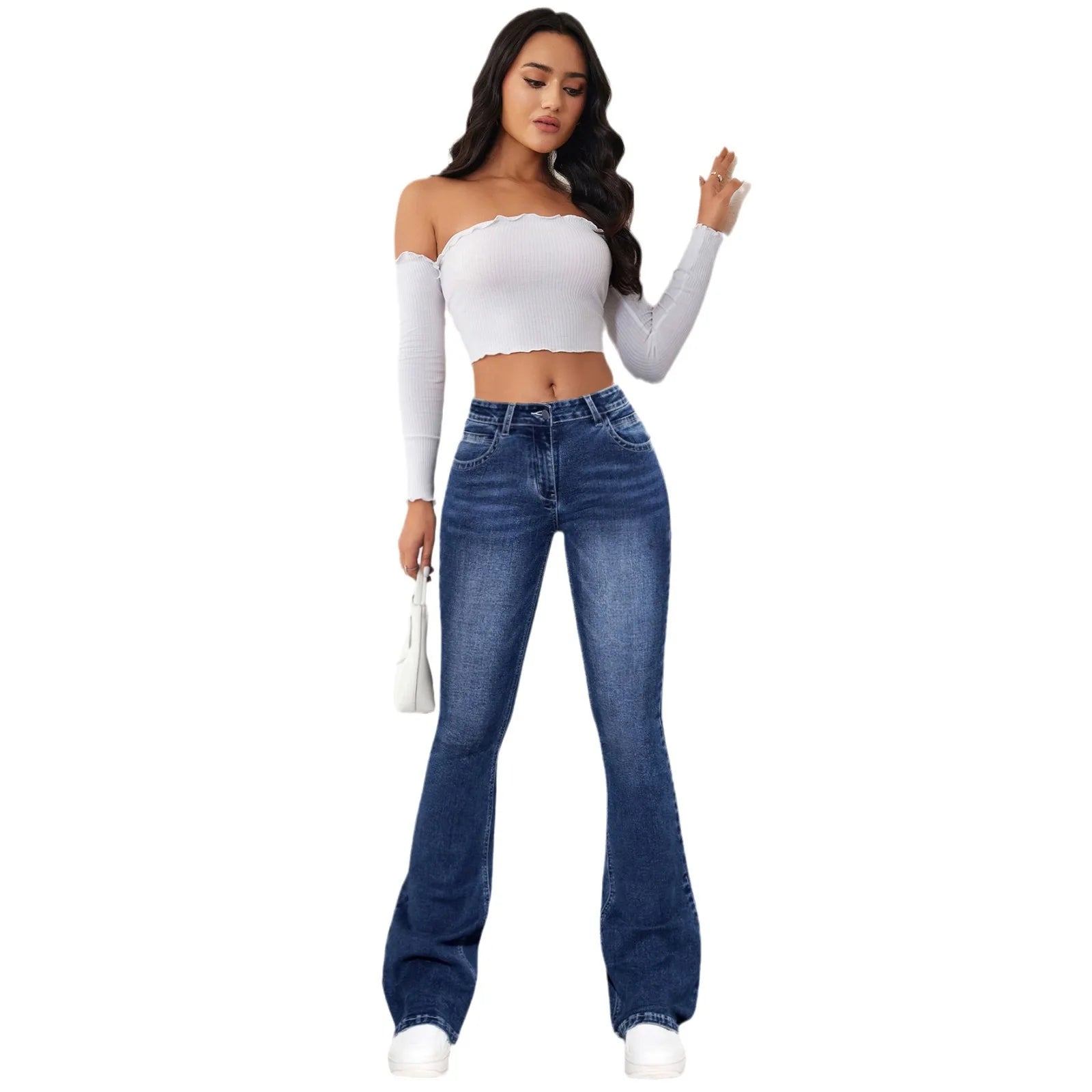 Women Jeans Slim Fit Flare Pants Denim Washing Pockets High Waist Solid Ankle Length Boot Cut Streetwear Casual Zipper Fly Aviola