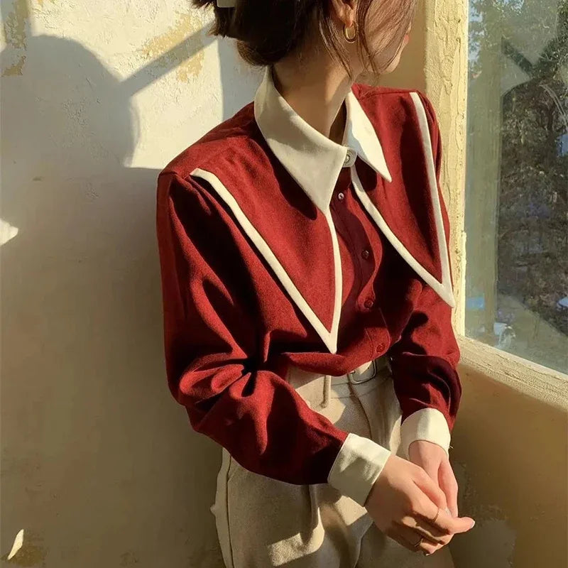 MEXZT Vintage Elegant Shirts Women Chiffon Patchwork Ruffle Turn Down Collar Long Sleeve Blouse Korean Office Lady Loose Tops Aviola